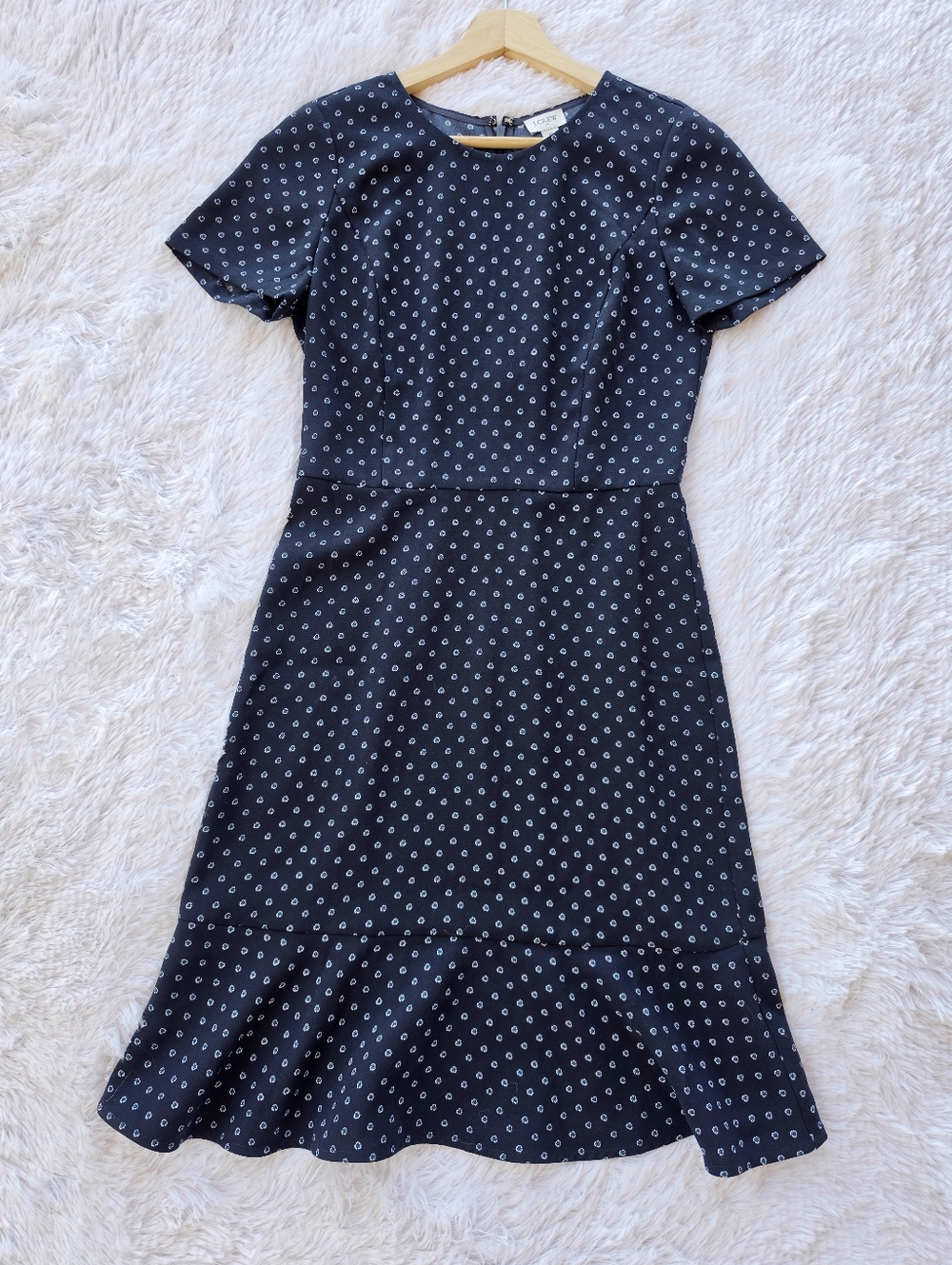 J. Crew Navy Crepe Short Sleeve Flounce Hem Dress.
